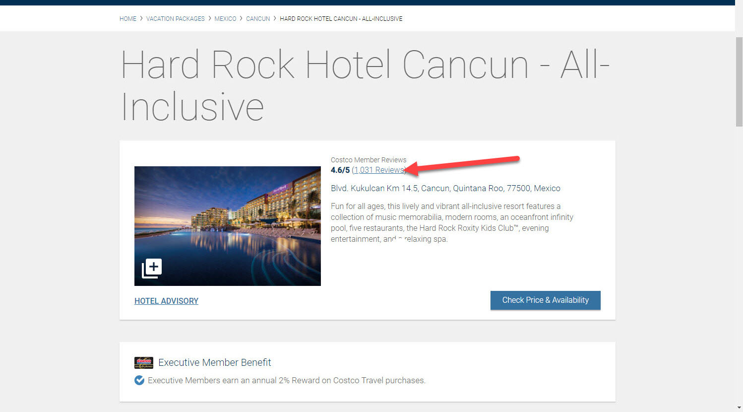 Screenshot of hotel sheet on Costcotravel.com with arrow pointing out reviews.