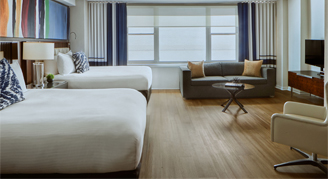 Image of two bed and a seating area in a Junior Apartment.