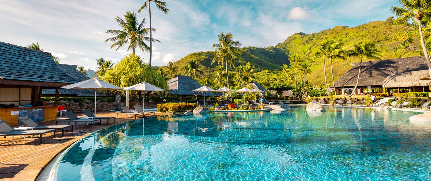 Teal blue pool at Hilton Moorea Lagoon Resort.