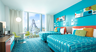 Image shows two beds with turquoise theme color ensemble and a background view of volcano view.