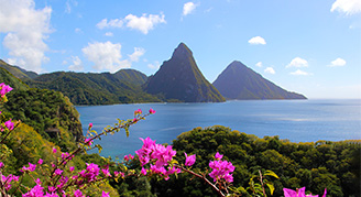 View of coastline mountains on Saint Lucia