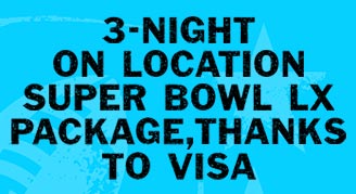 3-Night on Location Super Bowl LX Package, Thanks to Visa on a blue background with stars and football pattern.