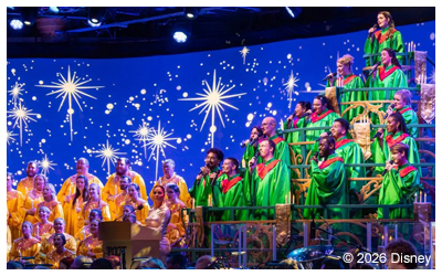 Image of carolers singing at EPCOT for the Candlelight Processional.