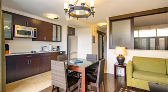 Image of a living area and kitchen in a One-Bedroom City-View.