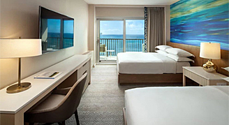 Image of two beds and a work area leading to a balcony in a High-Floor Oceanfront Room.