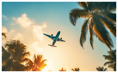 Plane flying overhead between palm trees