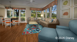 Mobility accessible one-bedroom villa brightly lit living area.