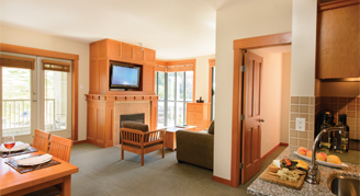 Livingroom view with kitchen, table, couch, and fireplace.