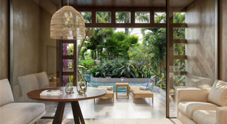 Photo of hotel room sitting area leading out to a pool.