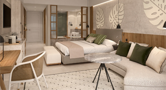 Tropical print wall with neutral toned bedroom