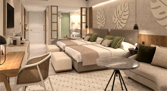 Tropical print wall with neutral toned bedroom