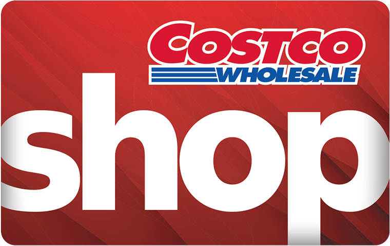 Red card featuring the Costco Wholesale logo with the word “shop” in white, bold lowercase letters.