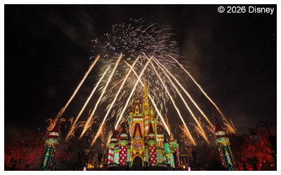 Photo of a Disney castle at night lit up with light projections and fireworks.