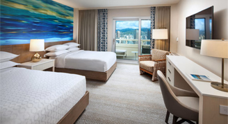 Image of two beds, work area and window in a City-View Room.