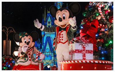 Photo of Mickey and Minnie characters with holiday decorations.