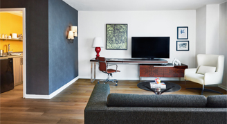 Image of a living room and adjacent bathroom in a One-Bedroom Apartment.