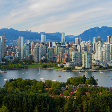 A panoramic view of the Vancouver skyline taken from False Creek. 