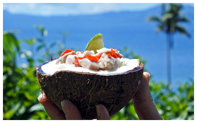 Kokoda served in a coconut shell
