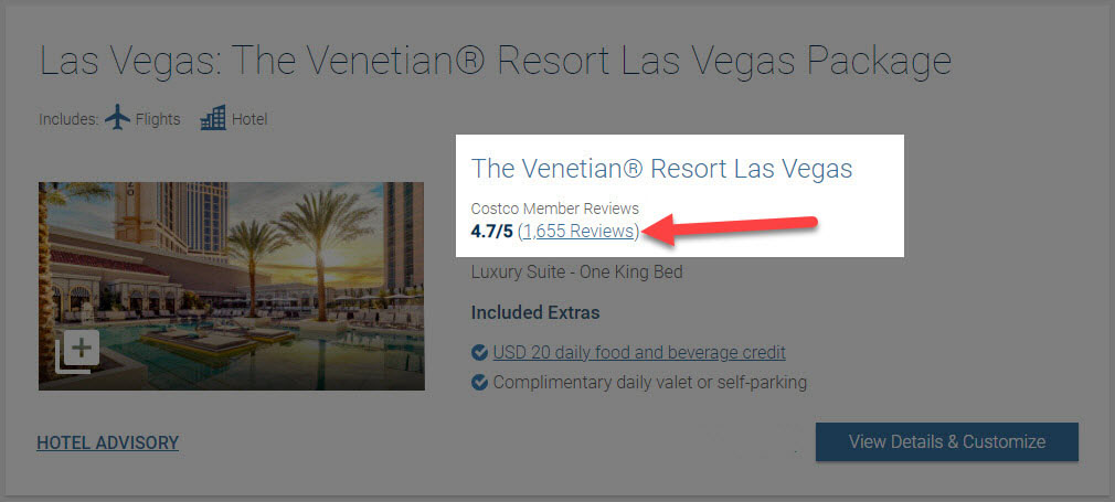 Screenshot of search results at Costcotravel.com with reviews link pointed out.