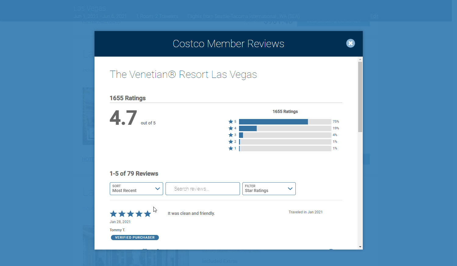 Screenshot of a model featuring hotel reviews on costcotravel.com.