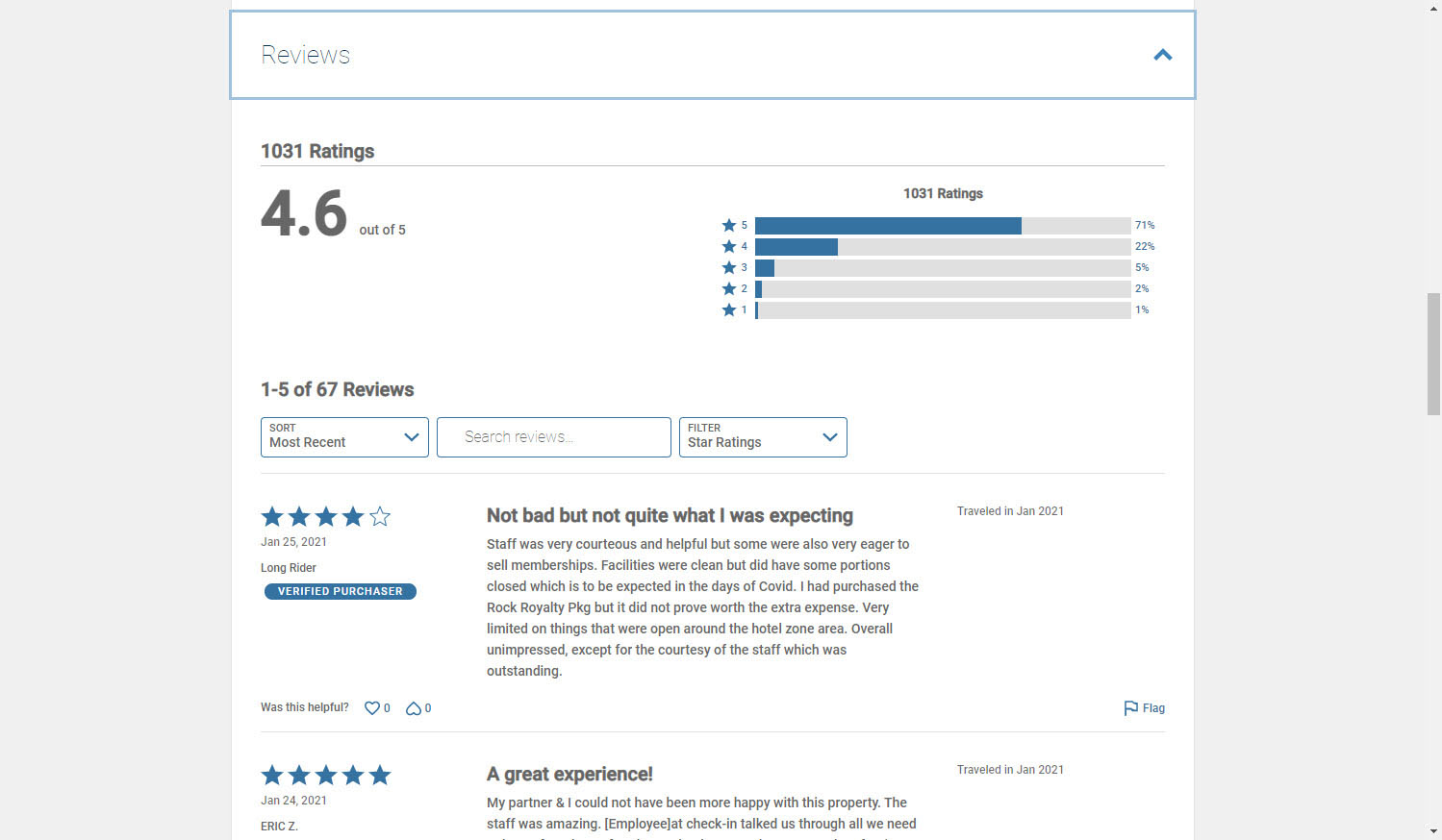 Screenshot of a model featuring hotel reviews on costcotravel.com.