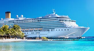 Image of a cruise ship in blue water.